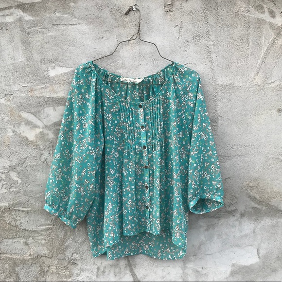 Liberty Love Tops - Flowy Sheer Floral Peasant Top - Mint